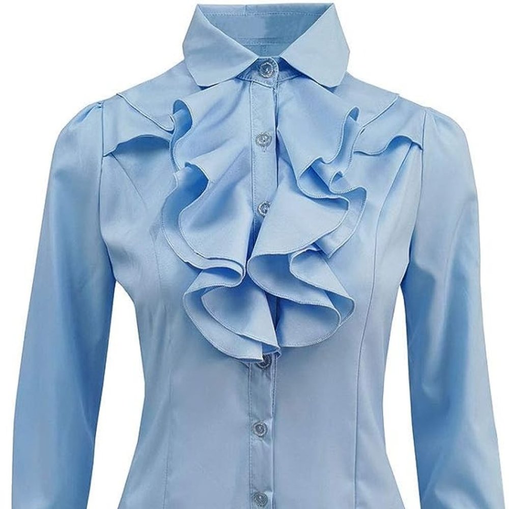 Women's Shirts Lotus Ruffle Vintage Long Sleeve (L, BS15-Blue)